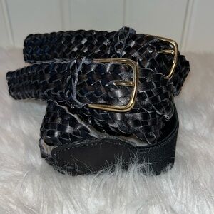 Black braided leather suspenders made in Haiti gold tone hardware regular size
